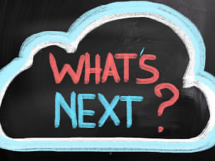 Cloud filled with writing stating What's Next?