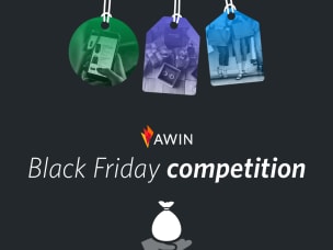  graphic showing three price tags with pictures inside them, the Awin logo with "Black Friday sweepstake" written underneath and an icon of a hand with a bag underneath