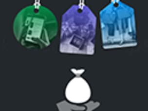 in front of black background are colourful tags and an icon of a hand holding a sack of money