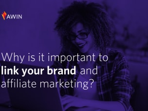 A purple filter over the image of a woman smiling as she works on her laptop. Overlaid is a caption in white: “Why is it important to link your brand and affiliate marketing?”