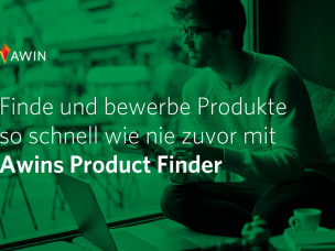 Person im Cafe im Hintergrund, Fokus auf Text zu Awins Product Finder