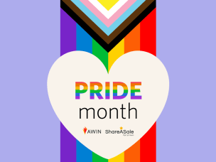 The LGBTQIA+ flag with AWIN logo proudly represented at Awin during Pride Month celebrations