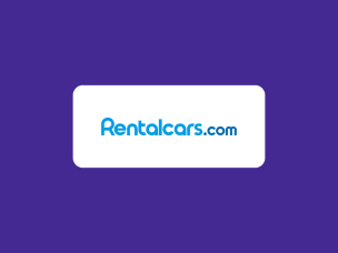 A smartphone displaying the Rentalcars app, held by a hand with the brand logo visible