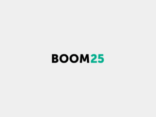 BOOM25 logo with a modern design in black and teal on a white background.