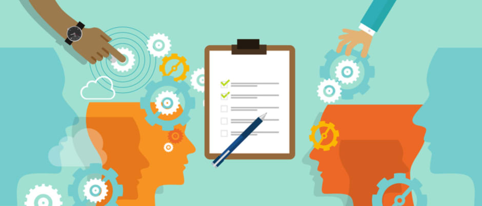An image of two animated heads, half constructed with mechanical cogs. Two hands can be seen interacting with the cogs connoting finding market insights.