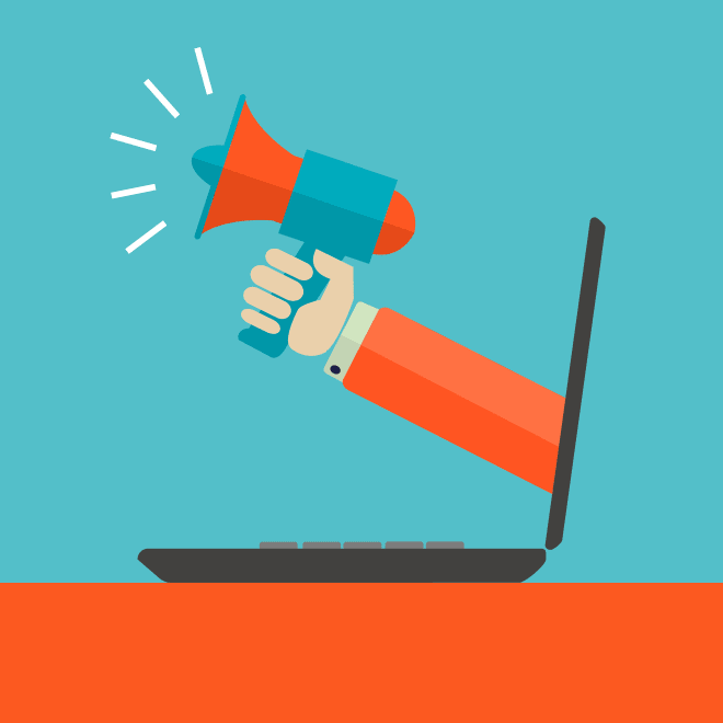 An image of a hand holding a speakerphone projecting out of a laptop screen.
