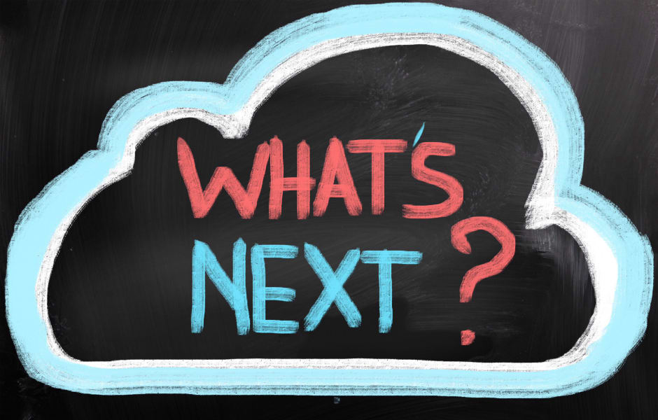 Cloud filled with writing stating What's Next?