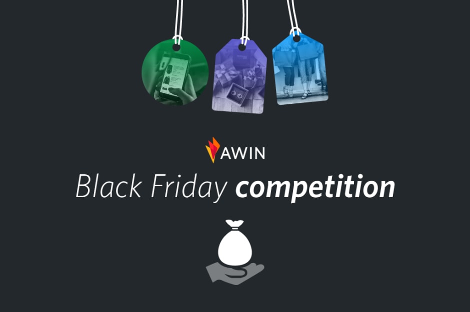  graphic showing three price tags with pictures inside them, the Awin logo with "Black Friday sweepstake" written underneath and an icon of a hand with a bag underneath
