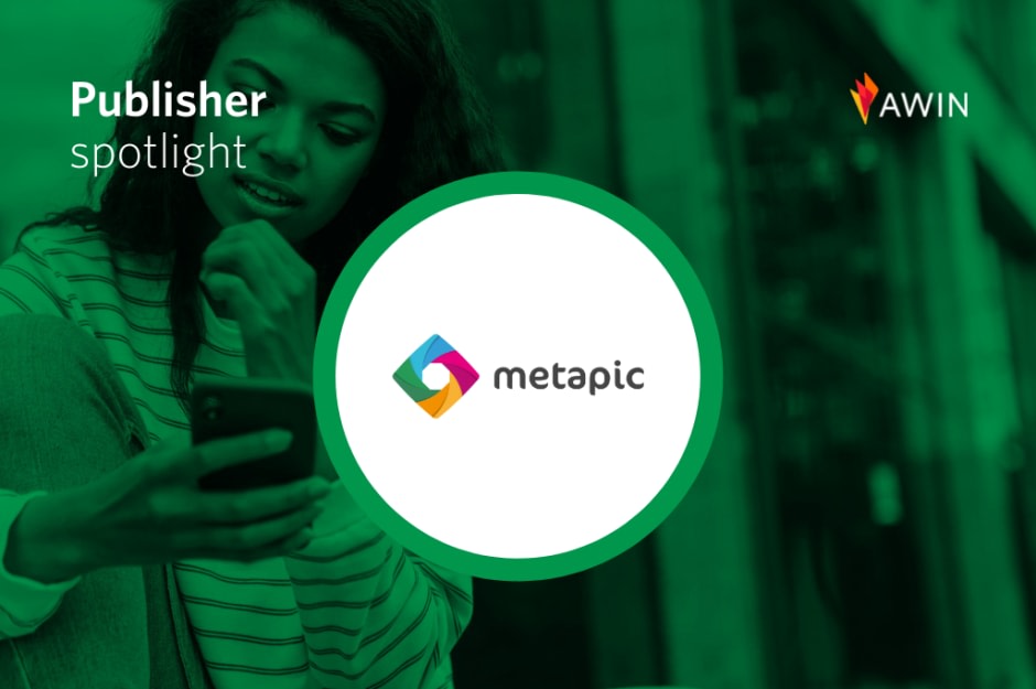 Publisher spotlight featuring Metapic logo and person holding a smartphone