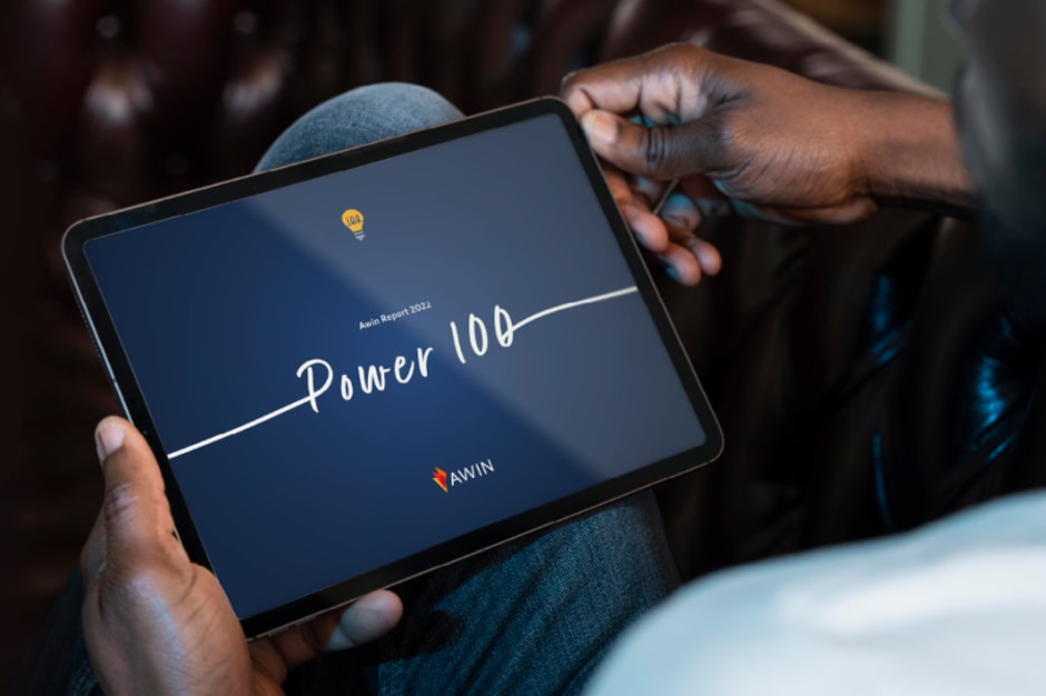 Screen reading "Power 100" for Awin's 2022 launch, showcasing the 100 of the most innovative partners across Awin’s affiliate network