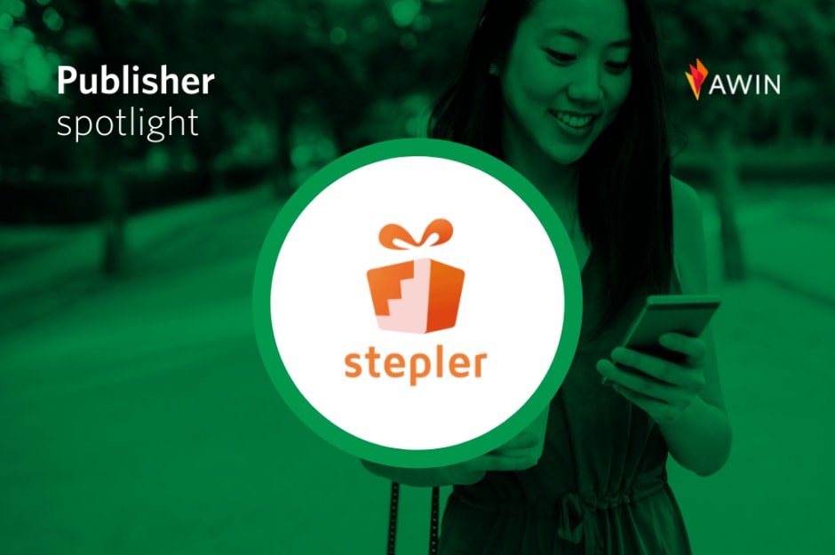 Publisher spotlight featuring Stepler logo and person holding a smartphone