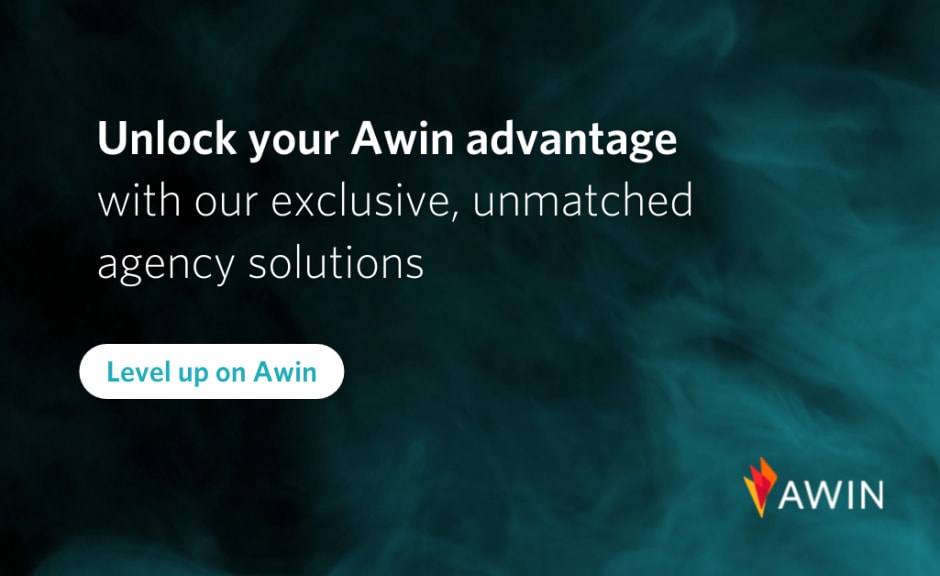 "Unlock your Awin advantage with our exclusive, unmatched agency solutions" text on a dark blue background