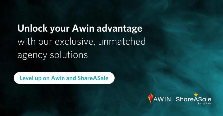 "Unlock your Awin advantage with our exclusive, unmatched agency solutions" text on a dark blue background