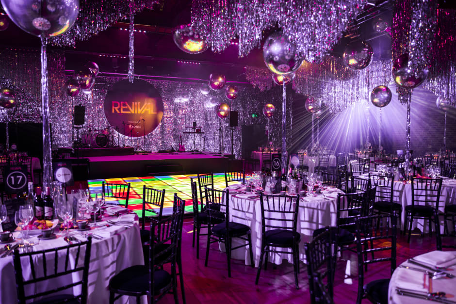 Event location in disco "Revival" theme for the return of Awin's annual Black Tie event 2022