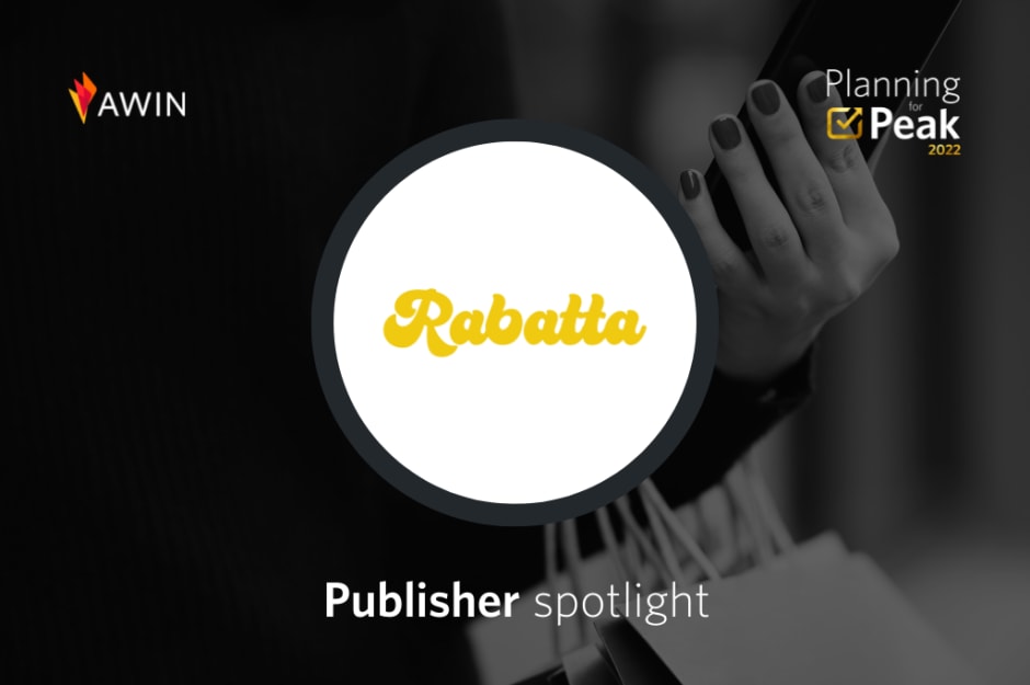 Publisher spotlight featuring Rabatta logo and person holding shopping bags
