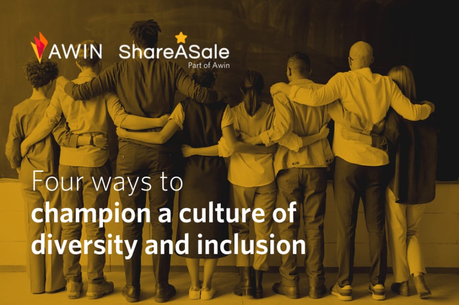 People standing next to each other, text saying "Four ways to champion a culture of diversity and inclusion"