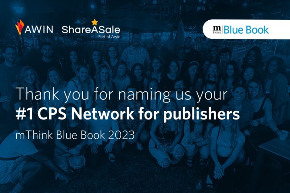 Banner with a dark blue background featuring Awin employees, thanking for the #1 CPS Network for Publishers nomination