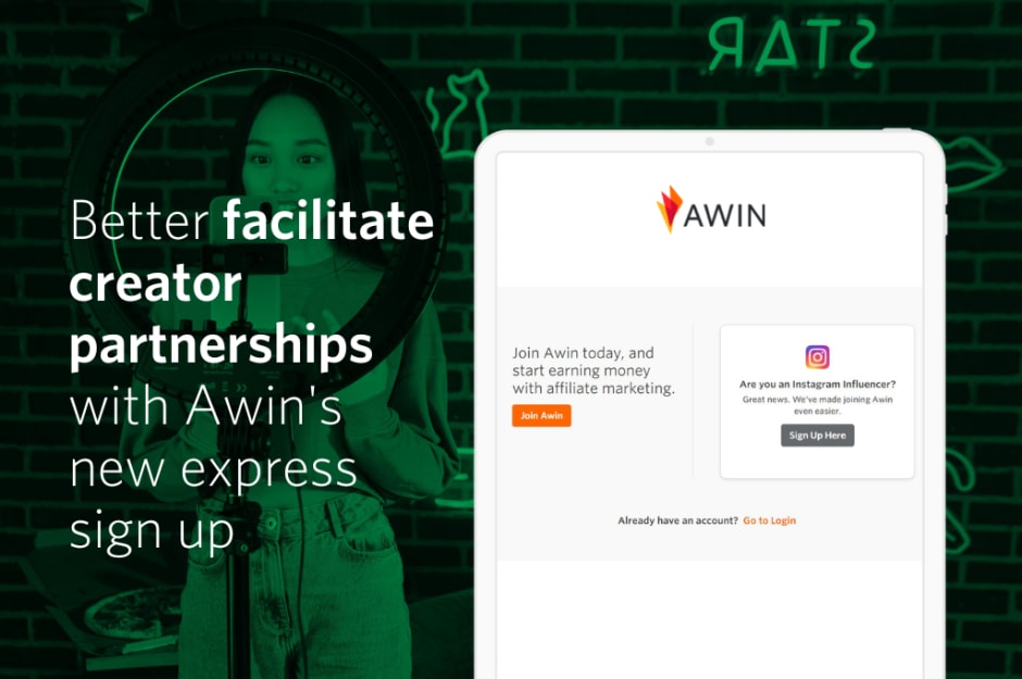 "Better facilitate creator partnerships with Awin's new express sign up" text next to visual sign up form