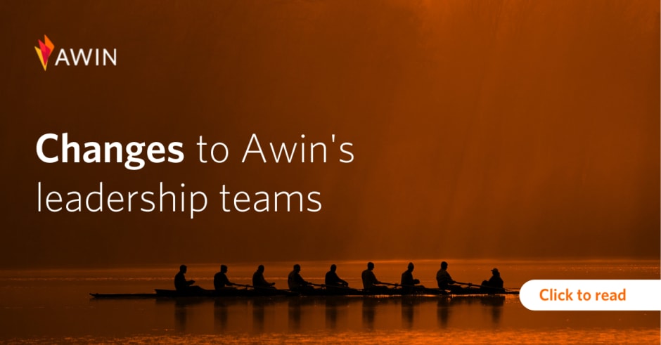 Banner with orange background featuring eight rowers in a boat, with the message: 'Awin's leadership teams