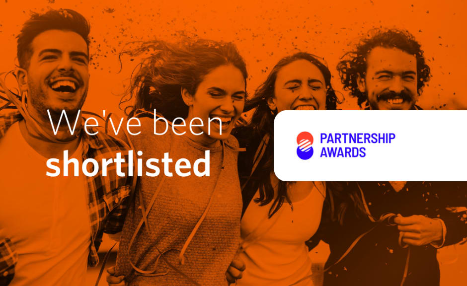 Banner with an orange background featuring four people and the message: 'We have been shortlisted