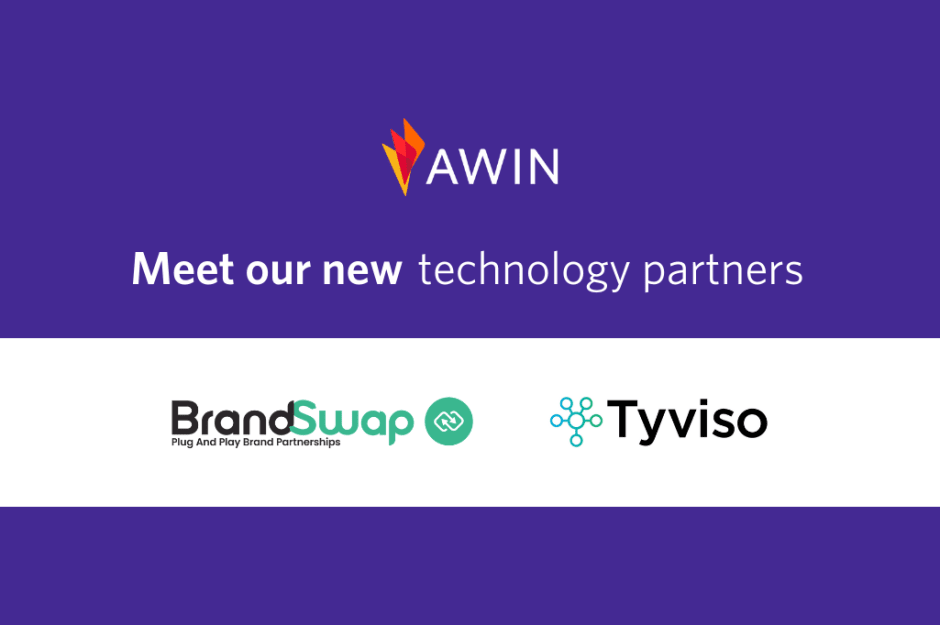 BrandSwap and Tyviso logo under text saying "Meet our new technology partners", enabling Awin retailers to use "gift with purchase" technology