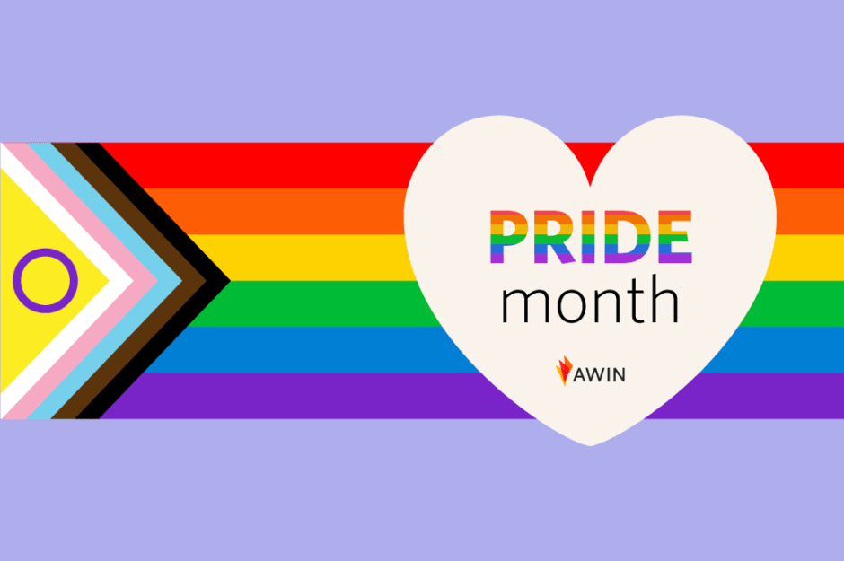 The LGBTQIA+ flag with AWIN logo proudly represented at Awin during Pride Month celebrations 