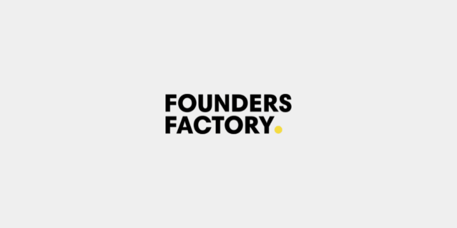 Founders Factory logo in bold black text with a yellow dot at the end, on a light gray background