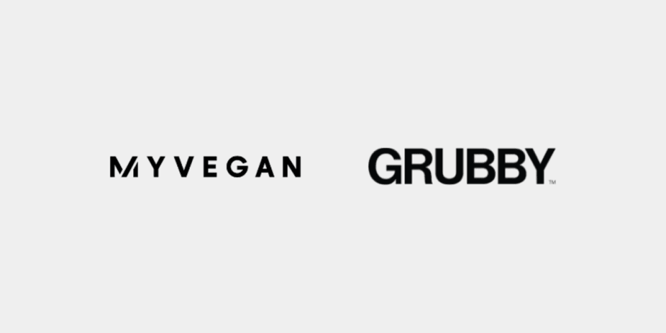 Logos of MYVEGAN and GRUBBY – MYVEGAN offers plant-based nutrition products, while GRUBBY provides vegan recipe kits and meal delivery services
