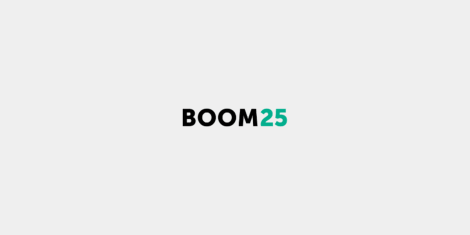 BOOM25 logo with a modern design in black and teal on a white background.