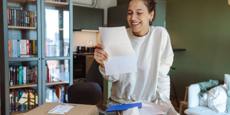 Person happily opens an online purchase, reading about donating through Savoo discount codes