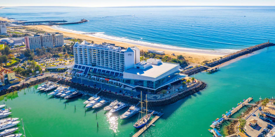 Beach landscape captured by a drone of the Vilamoura resort in Portugal, hosting Awin’s Global ThinkTank 2025