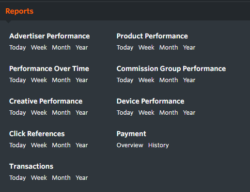 Reports menu Awin interface