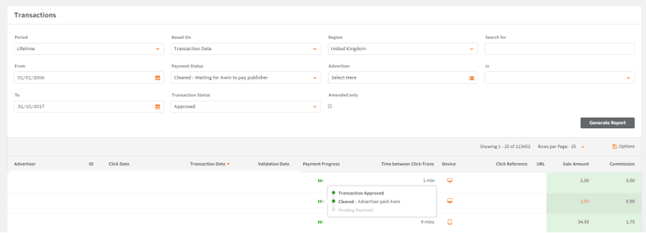 approved transactions report awin interface
