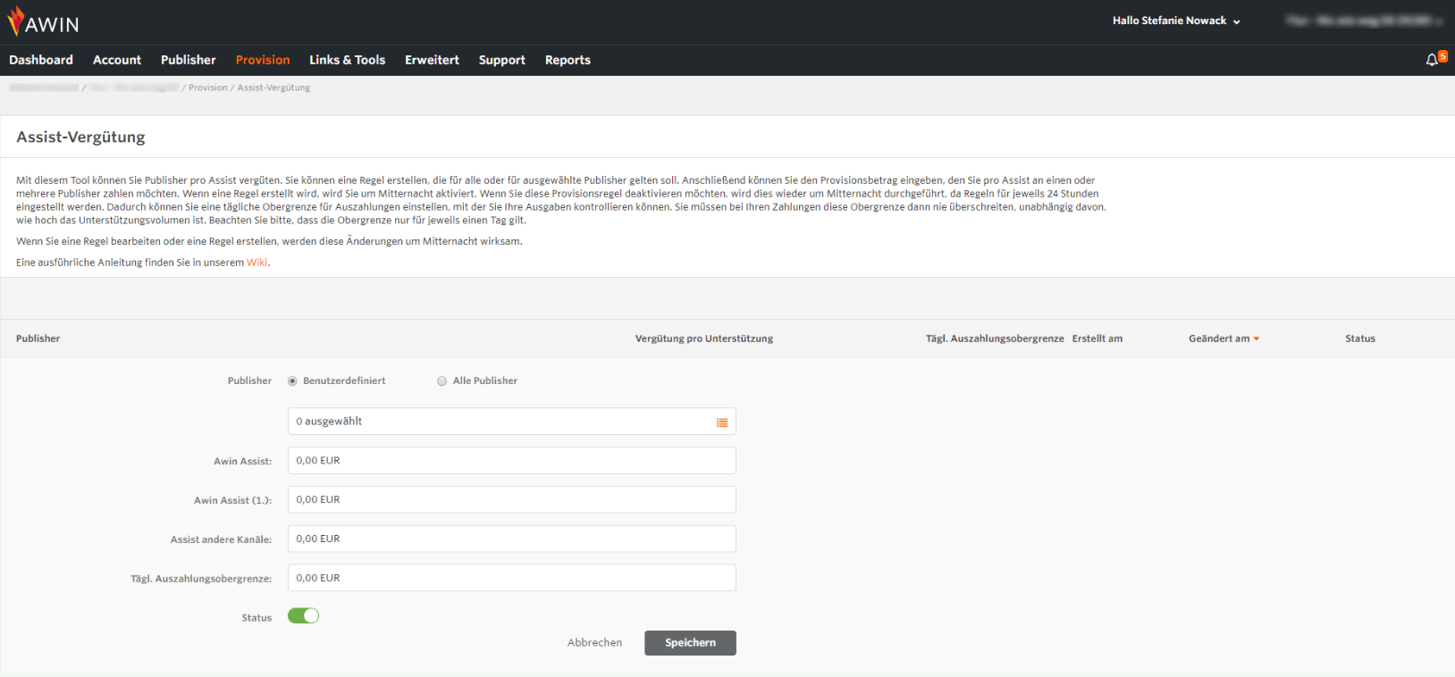 Screenshot von der Assist-Vergütung auf der Awin Plattform