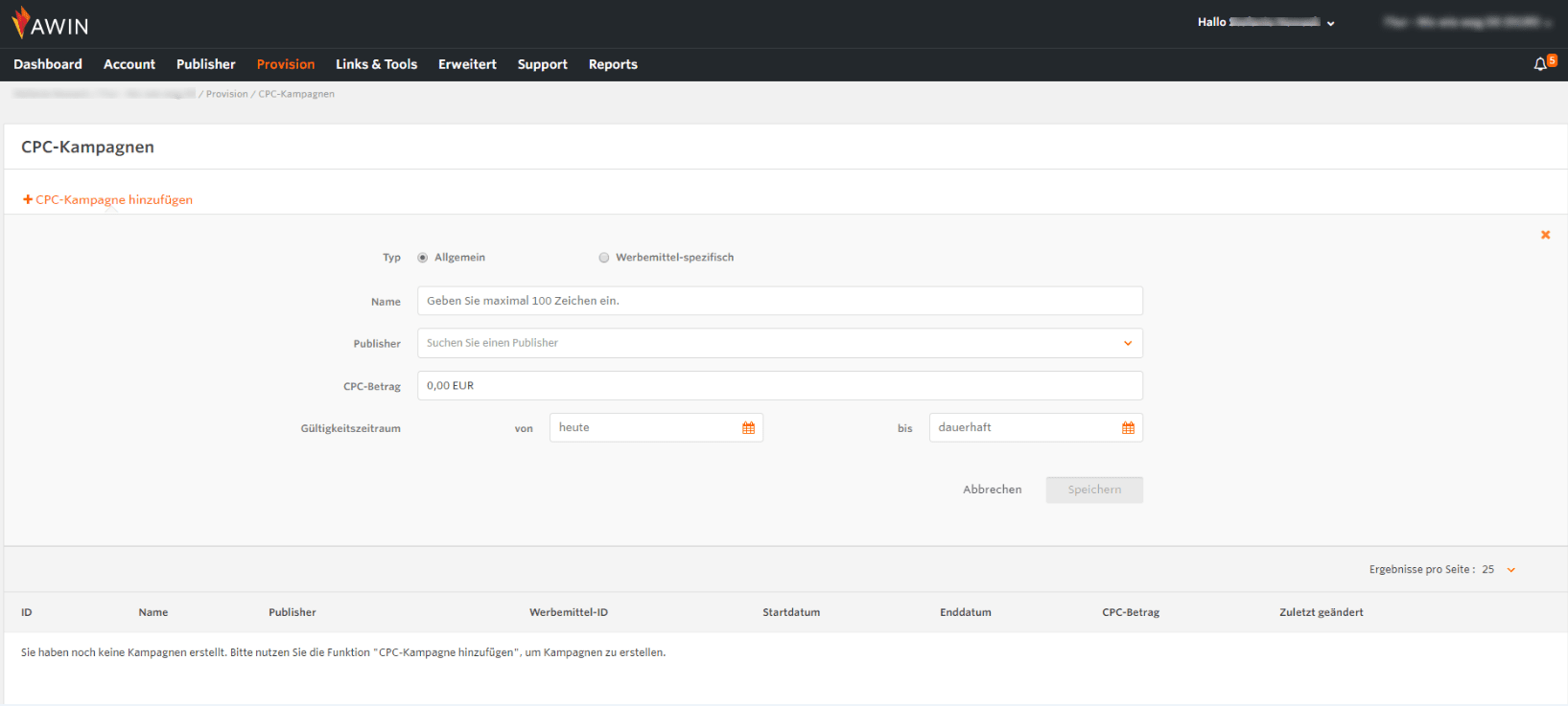 Screenshot vom CPC Manager auf der Awin Plattform