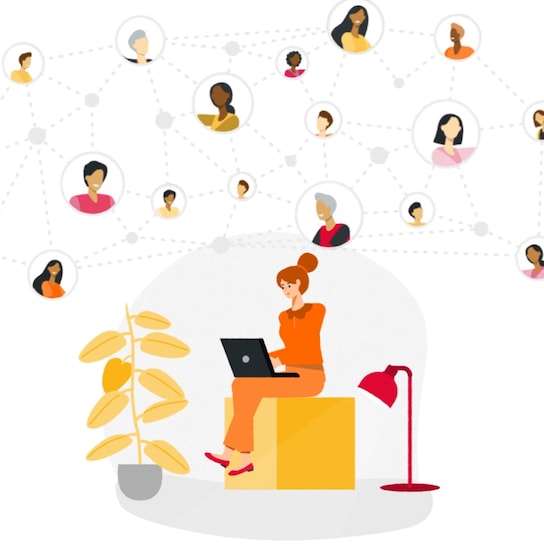 Illustration of a woman sitting on a bench, working on a laptop, networking