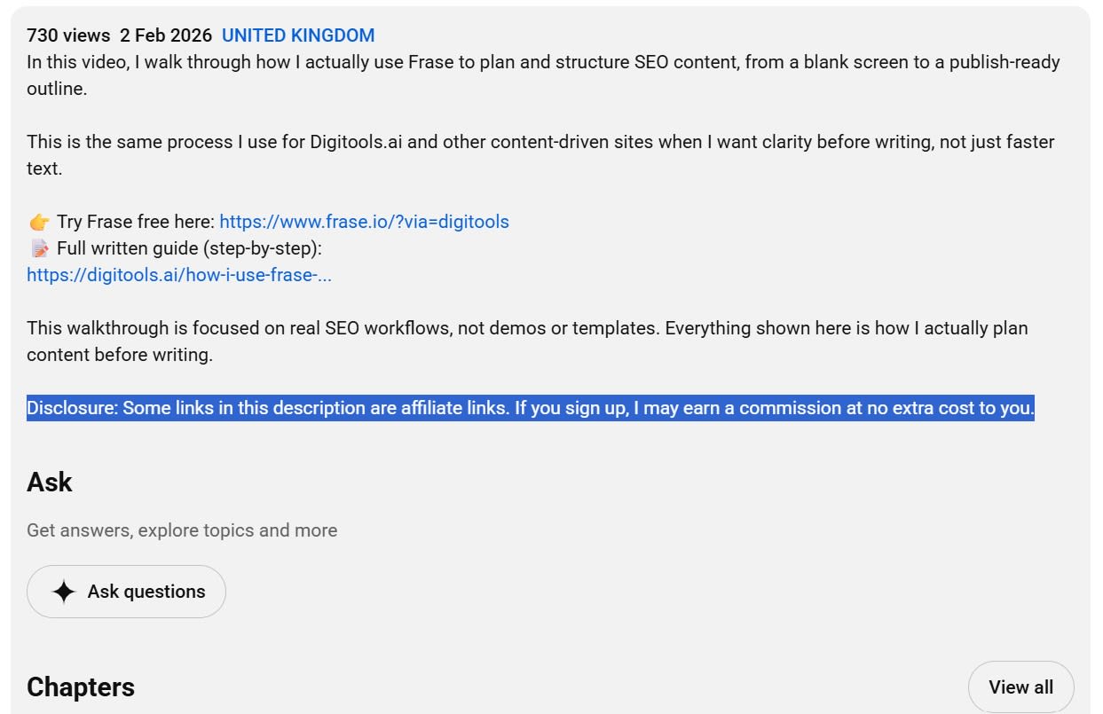 Affiliate links listed in a YouTube video description