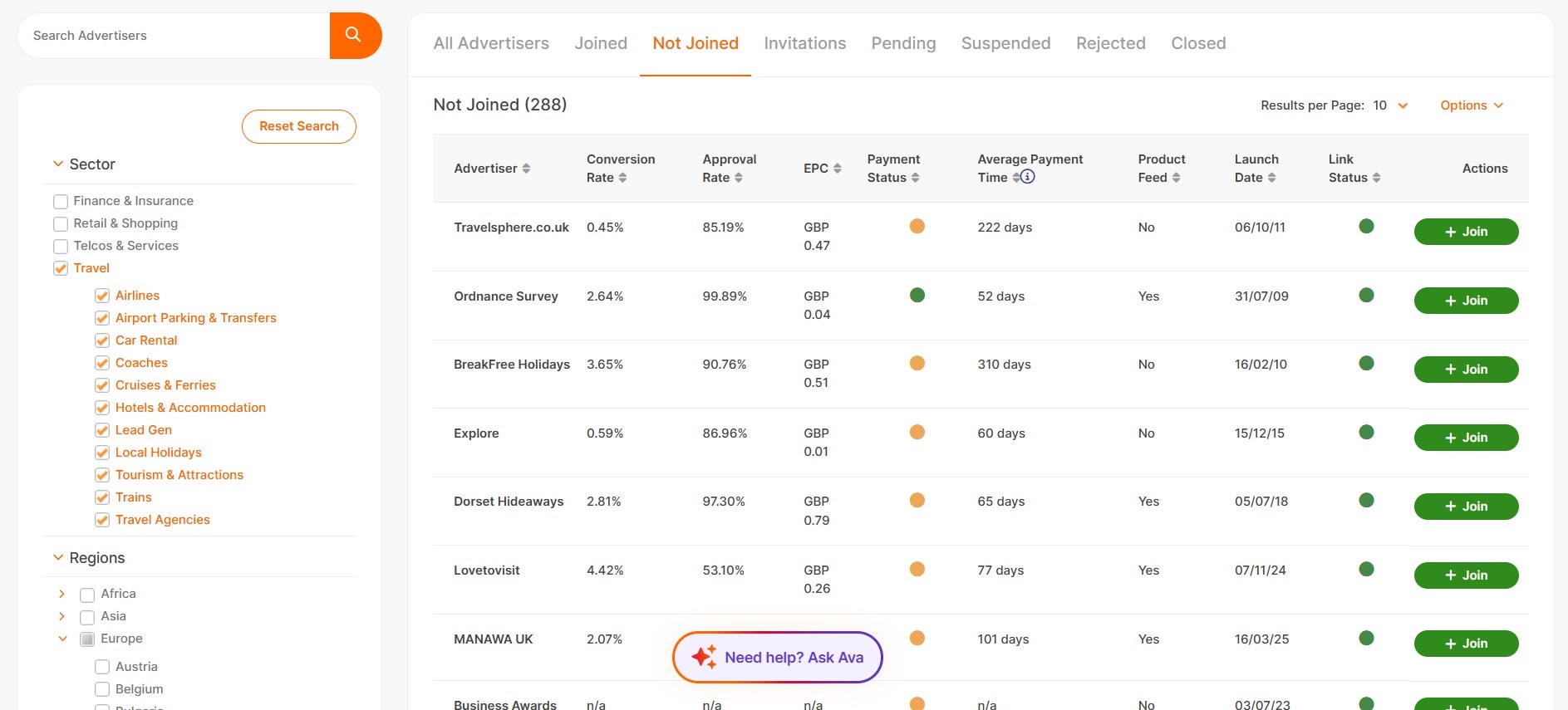 Awin Advertiser Directory showing brands and commission rates in one sector&nbsp;
