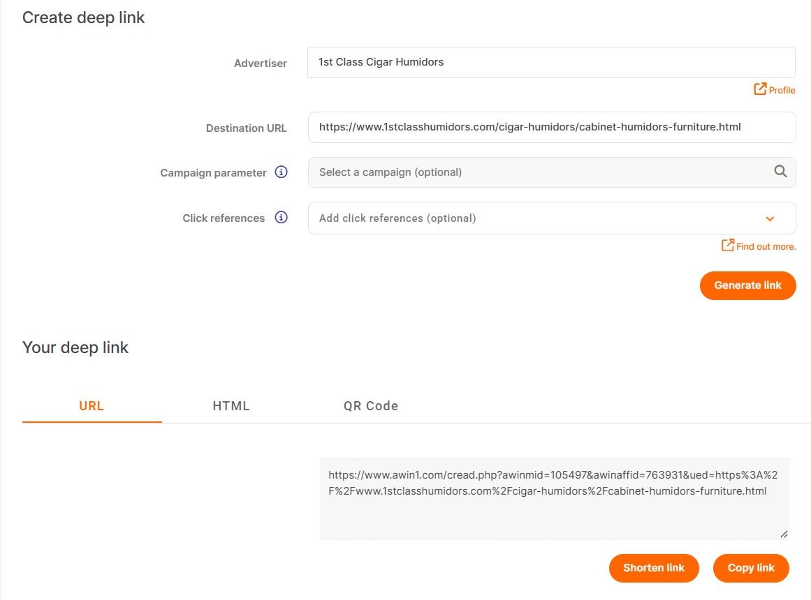 Awin Link Builder showing a generated affiliate tracking link