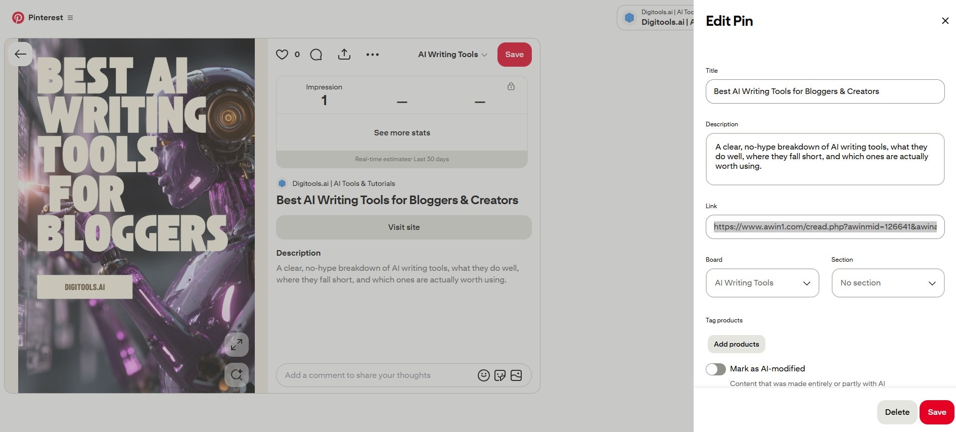 Pinterest pin editor showing an affiliate link in the destination URL field