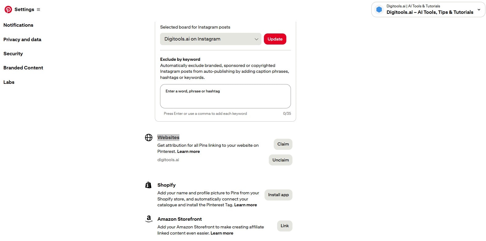 Pinterest business account settings showing a claimed website