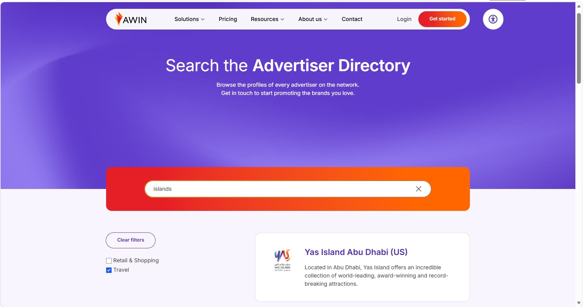 Awin Advertiser Directory showing brands in one sector