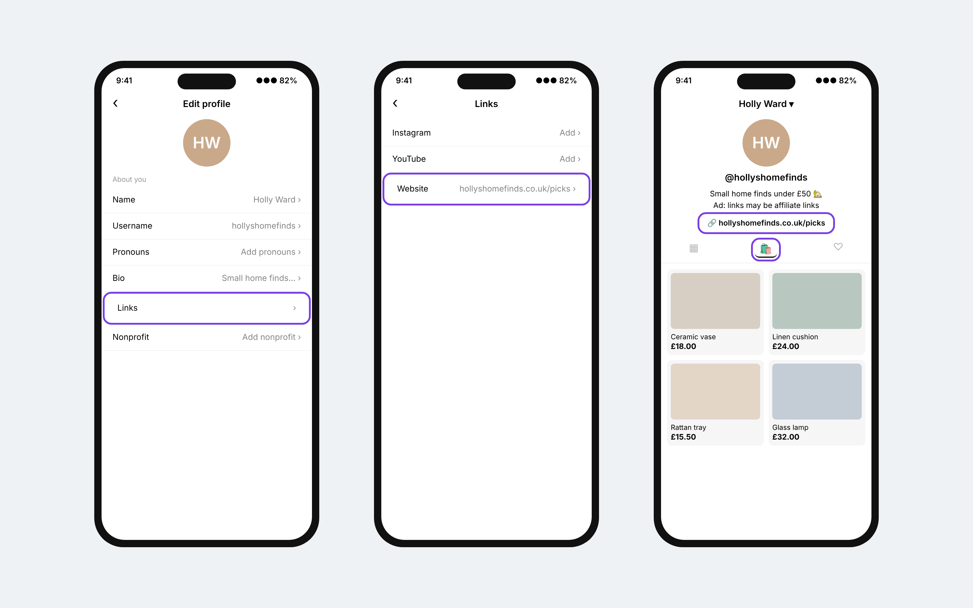 Three TikTok screens showing how to add a website link through Links, and where it appears alongside your showcase
