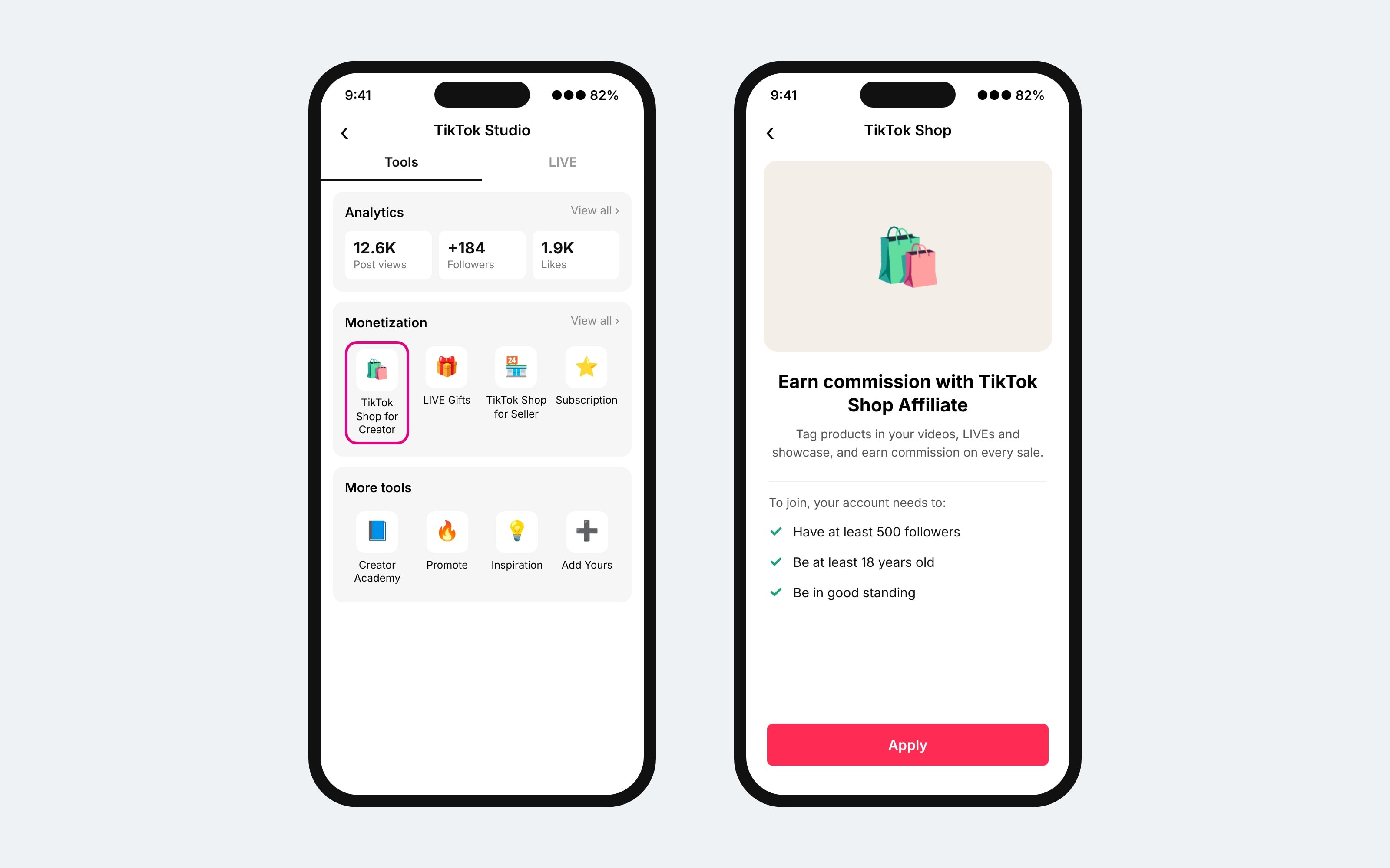 TikTok Studio showing TikTok Shop for Creator under Monetization and the affiliate eligibility criteria
