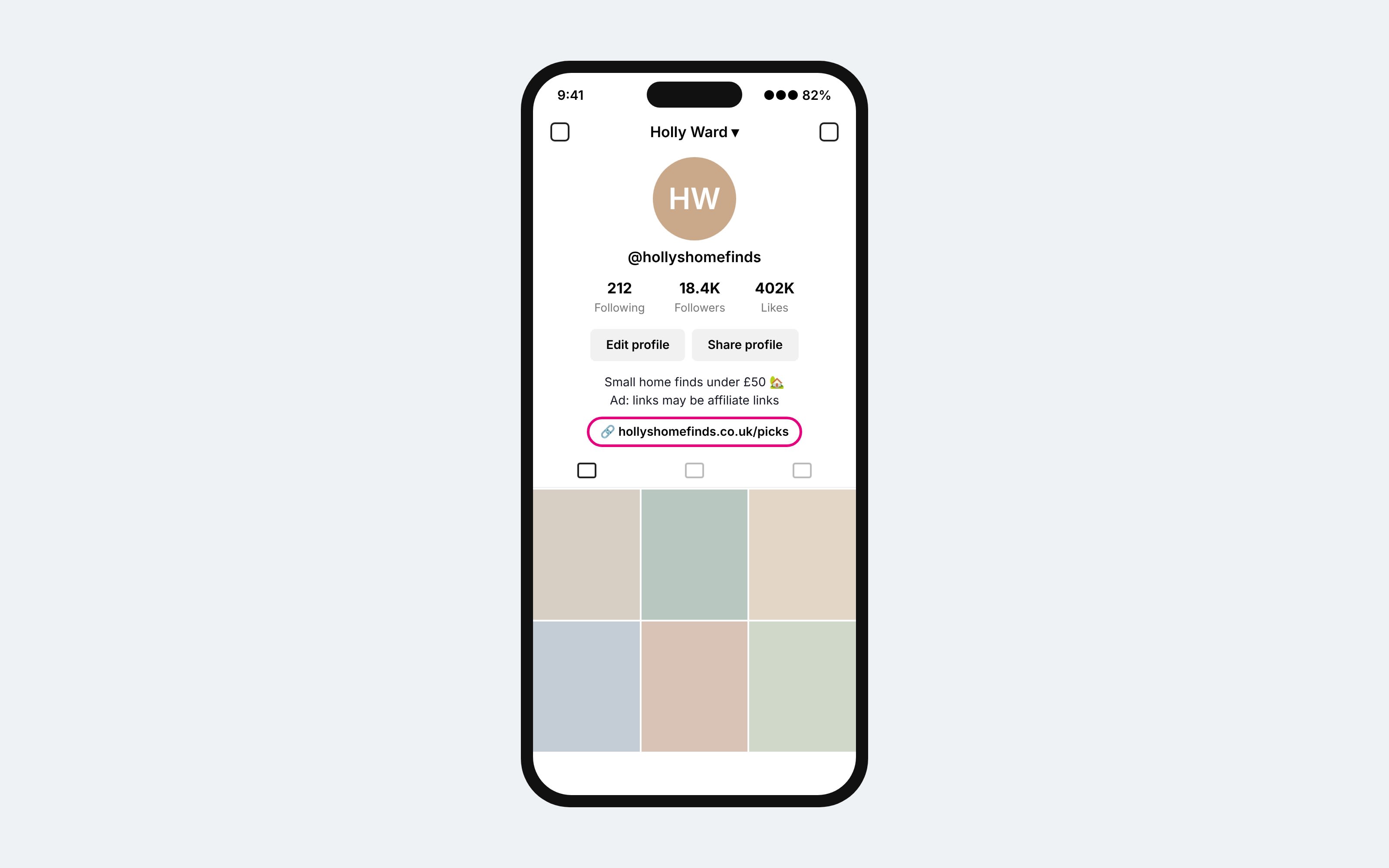 TikTok profile with an affiliate landing page link in the bio website field