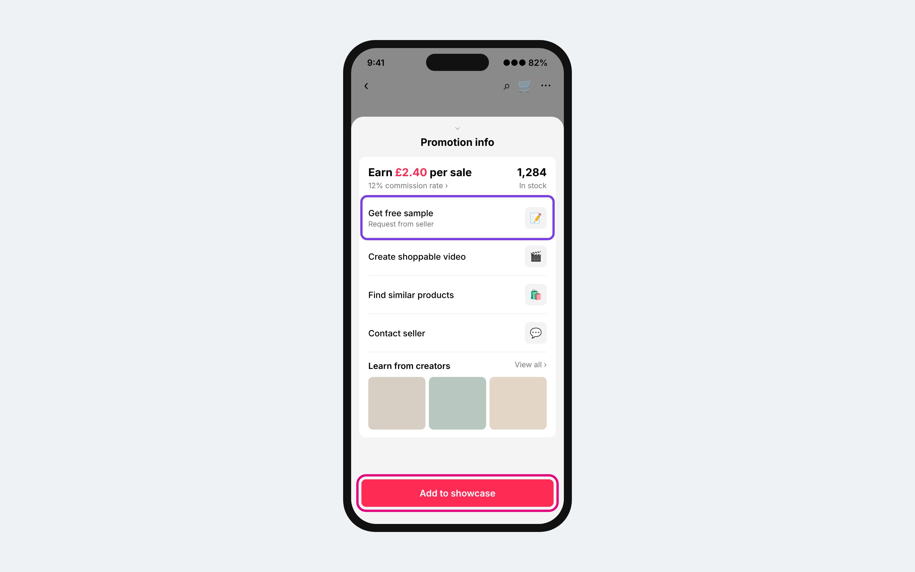 TikTok Shop promotion info screen highlighting the free sample request and the Add to showcase button