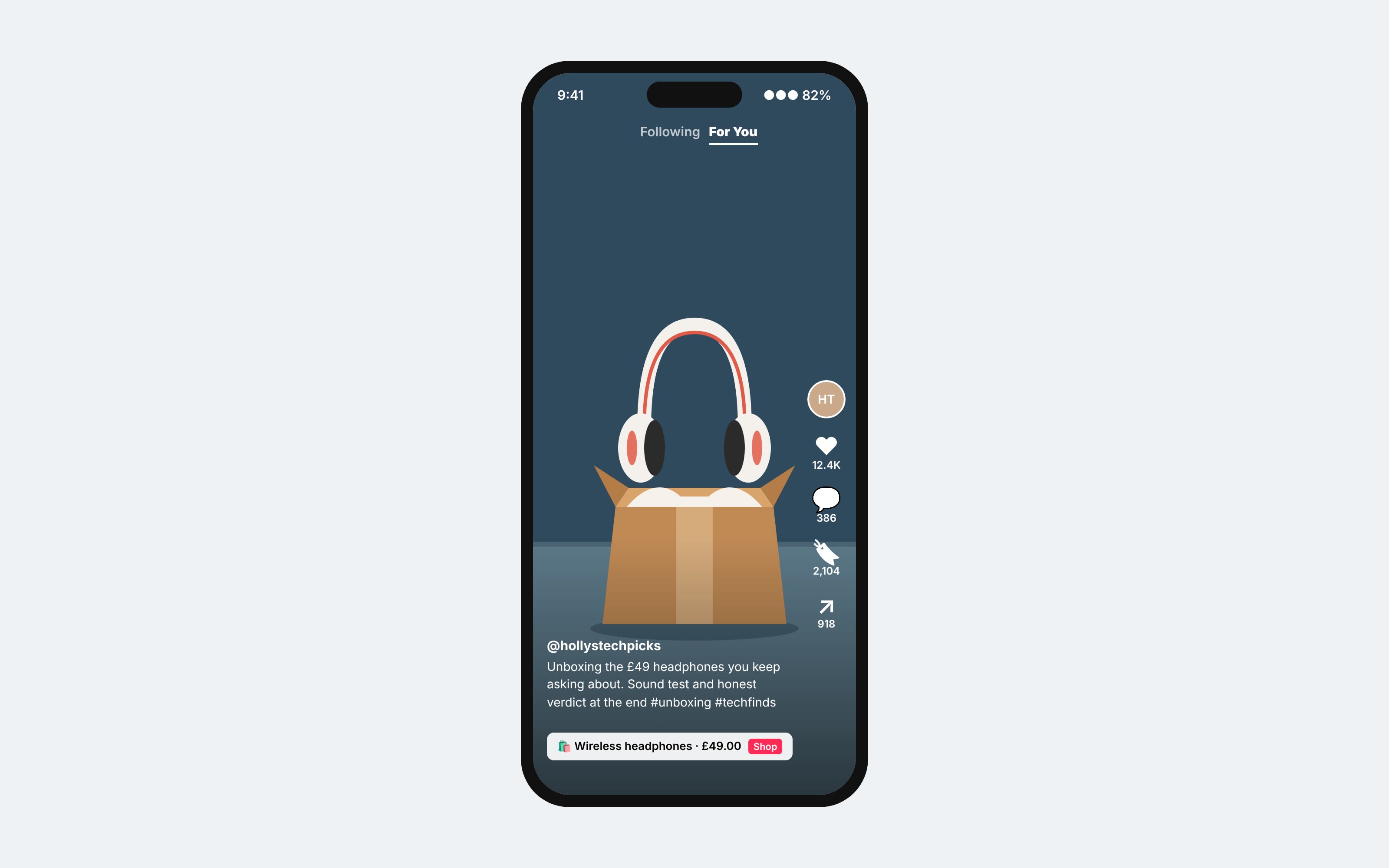 TikTok unboxing video of wireless headphones with a shoppable product tag below the caption