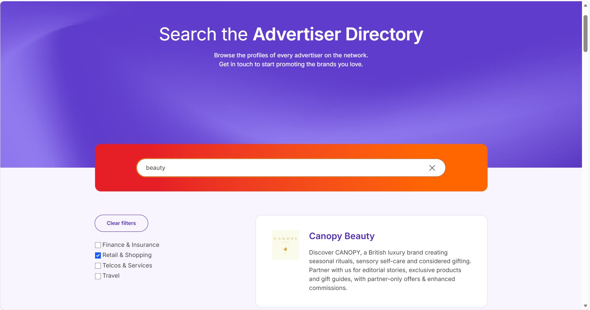 Awin Advertiser Directory showing programmes and commission rates in one niche