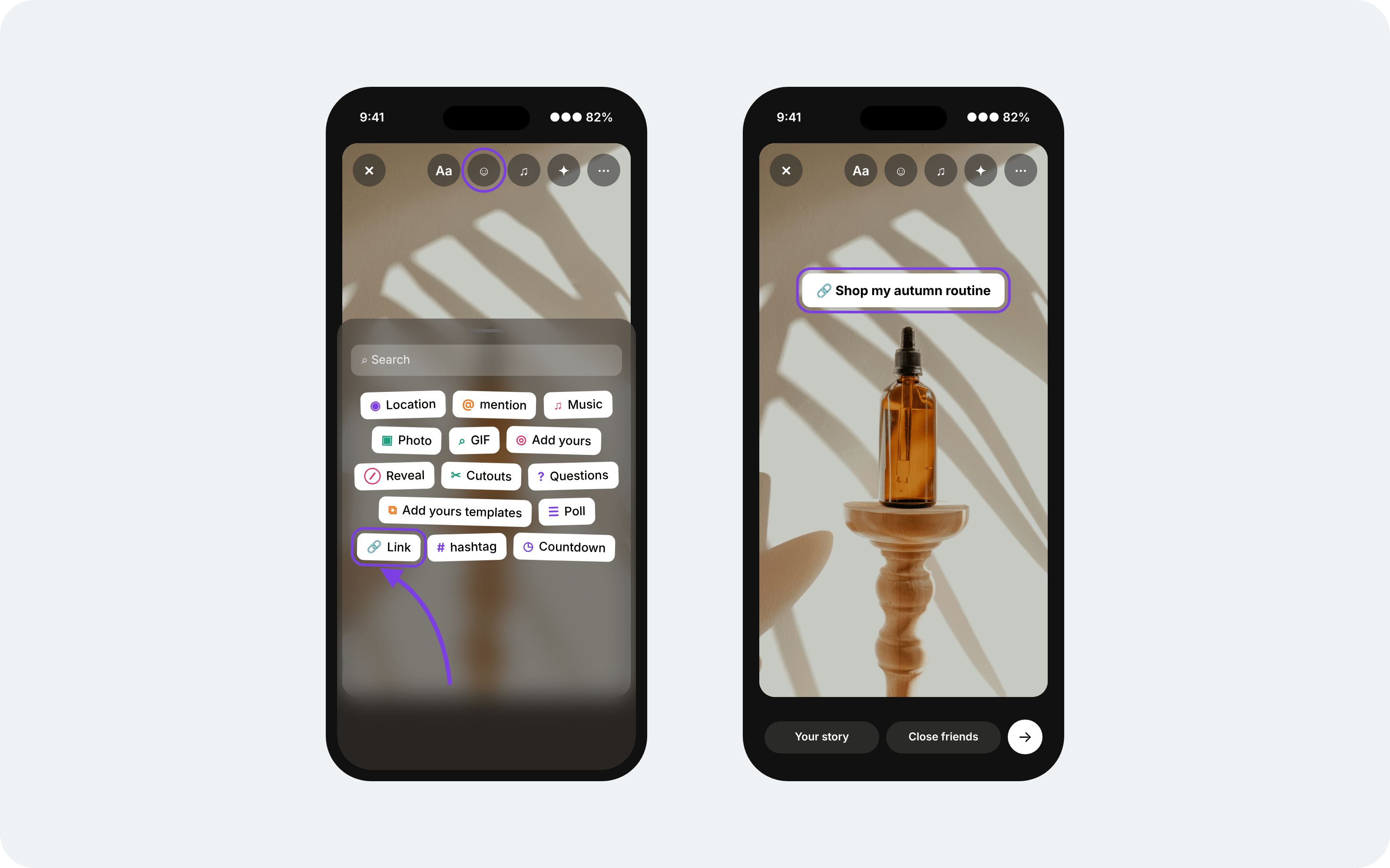 Instagram Story showing a customised link sticker