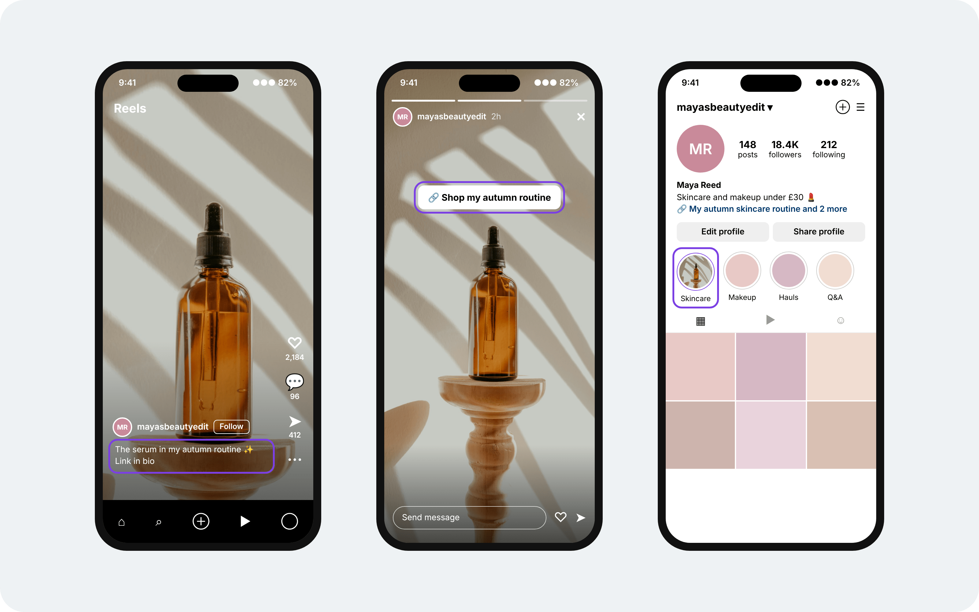 A skincare product shared across several formats, an Instagram Reel, a Story with a link sticker and a profile Highlight